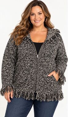 Jazzie Women's 4X Hooded Zip Sweater Black White Wool Blend Fringe Chunky Knit